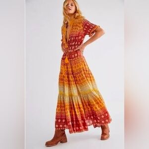 Free People Rare Feelings Maxi Dress Size L Goldenrod Combo Tie Waist Tiered